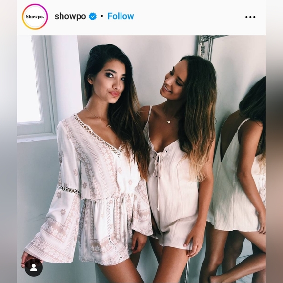 Showpo white & beige bell sleeve playsuit - Picture 2 of 6